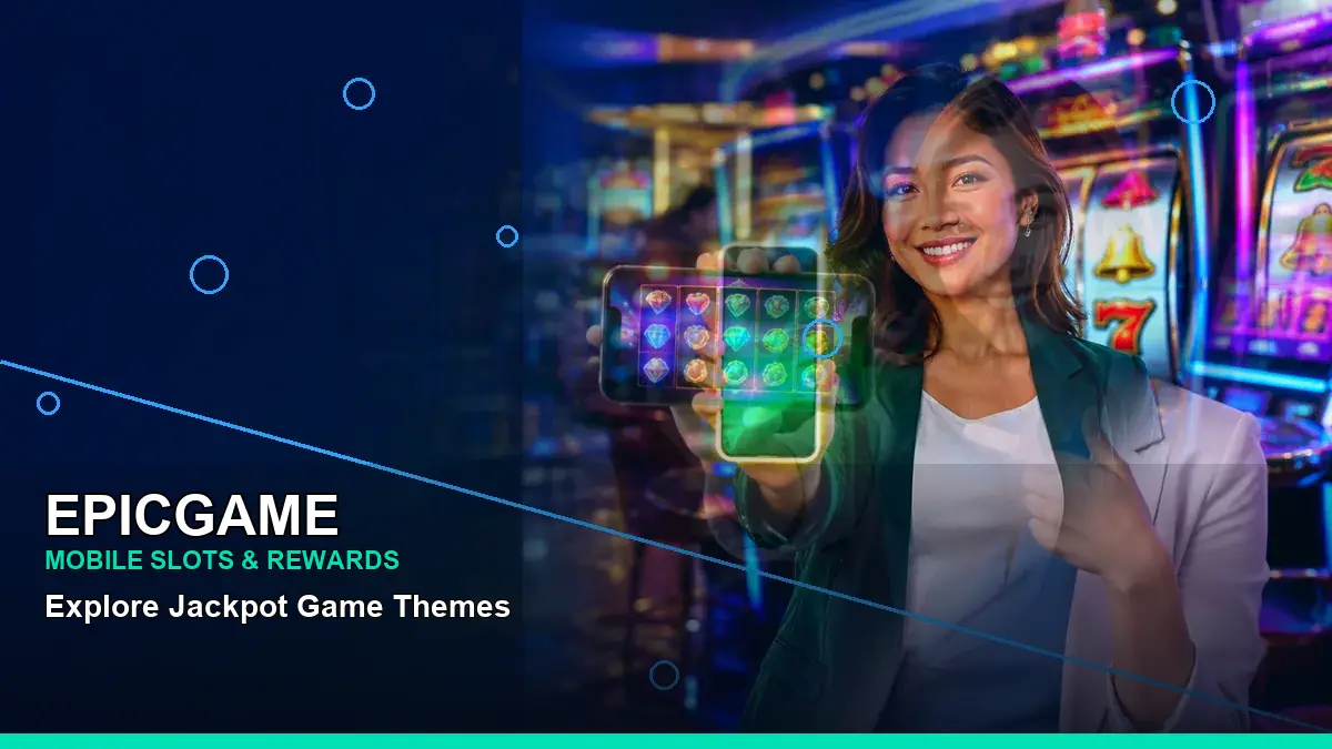 EPICGAME mobile casino app featuring an adult Filipina casino host with a right-framed composition