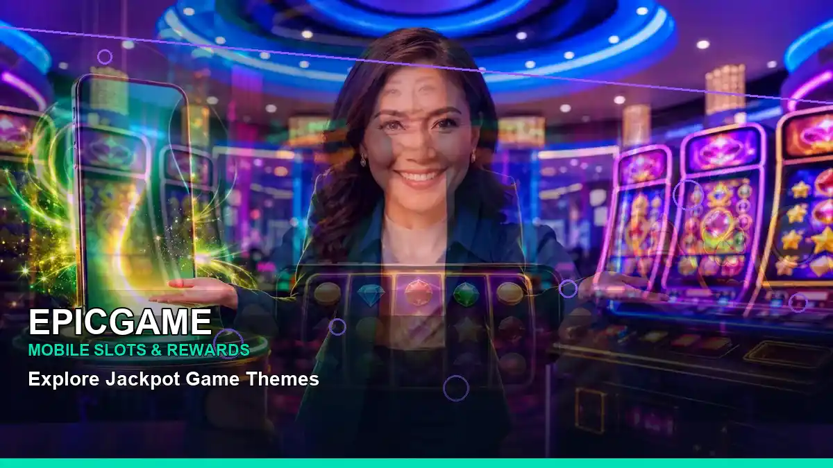 EPICGAME fantasy online slot games featuring an adult Filipina casino host with a centered composition